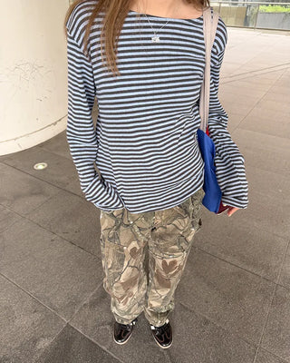 Boat neck striped long-sleeved T-shirt