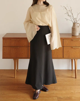 (ORIGINAL) Round Collar Button Sheer Blouse