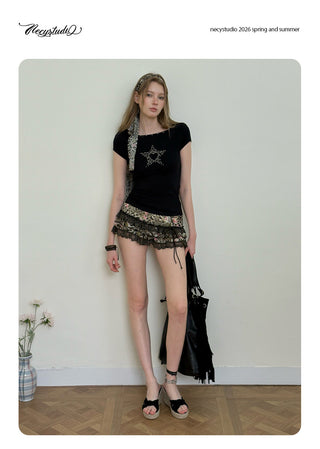 [NECY] Floral Leopard Lace Miniskirt