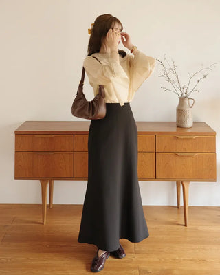 (ORIGINAL) Round Collar Button Sheer Blouse