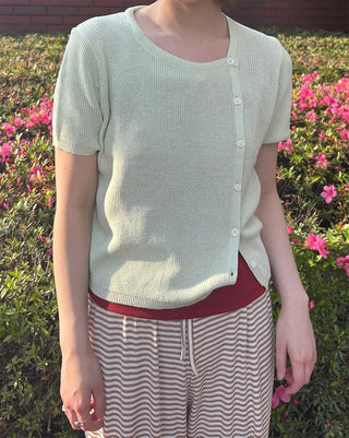 Asymmetrical Button Short Sleeve Knit