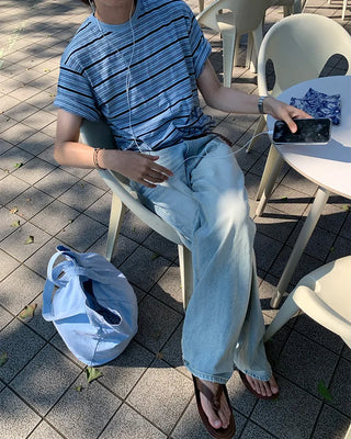 Washed denim pants with double back pockets