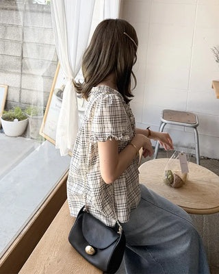Front Ribbon Check Puff Sleeve Top