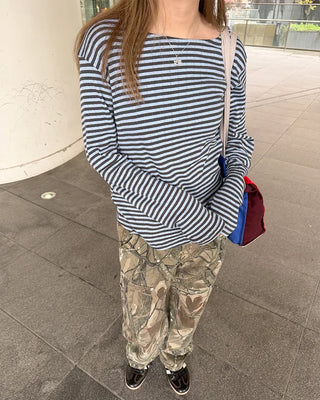 Boat neck striped long-sleeved T-shirt
