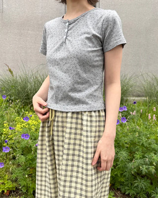 Henley Neck Flower Short Sleeve T-Shirt