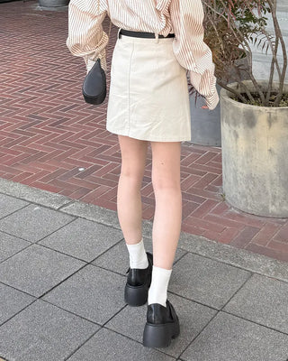 Belted Cotton Simple Mini Skirt