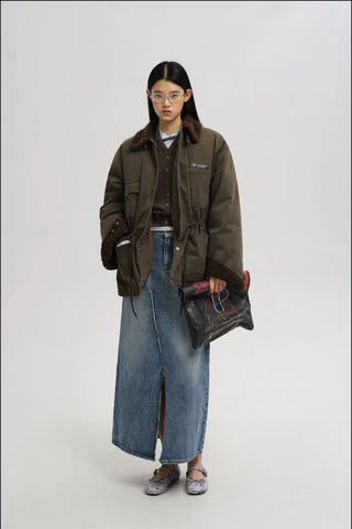[MASONPRINCE] Faded Raw Hem Denim Maxi Skirt