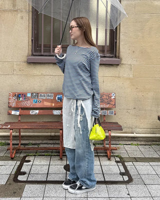 Boat neck striped long-sleeved T-shirt