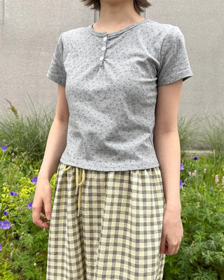Henley Neck Flower Short Sleeve T-Shirt