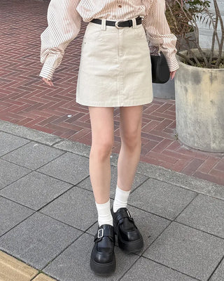Belted Cotton Simple Mini Skirt