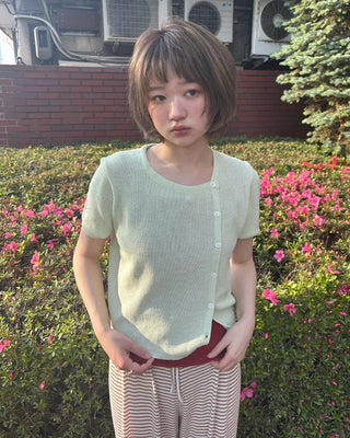 Asymmetrical Button Short Sleeve Knit