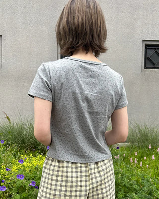 Henley Neck Flower Short Sleeve T-Shirt