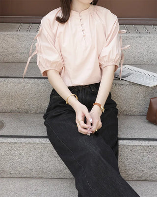 (ORIGINAL) Henley Neck Ribbon Balloon Blouse