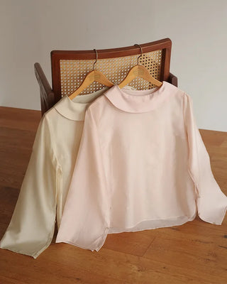 (ORIGINAL) Round Collar Button Sheer Blouse