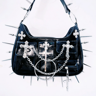 Cross applique rivet zip-up handbag  | Festival Outfits Women
