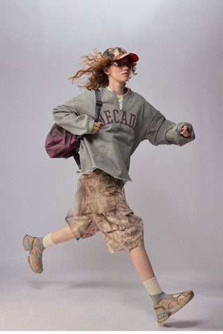 [Monterest] Washed Split-Neck Graphic Sweatshirt