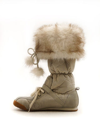 [Moromoro2] Furry Ball Patchwork Leather Boxing  Boots