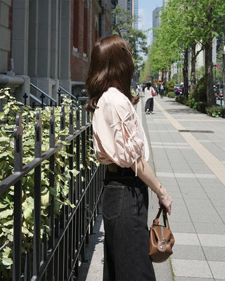 (ORIGINAL) Henley Neck Ribbon Balloon Blouse