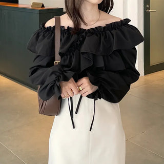 V-neck frill ribbon blouse