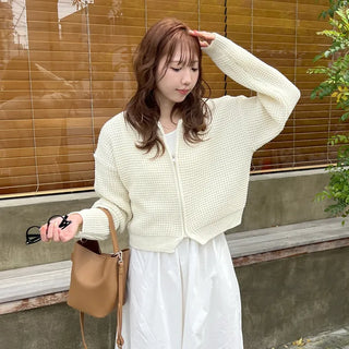 Perforated knit zip-up