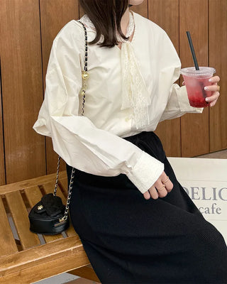 Lace tie set V-neck cotton blouse