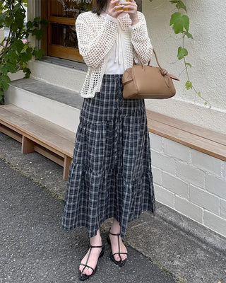 Checked banded long skirt