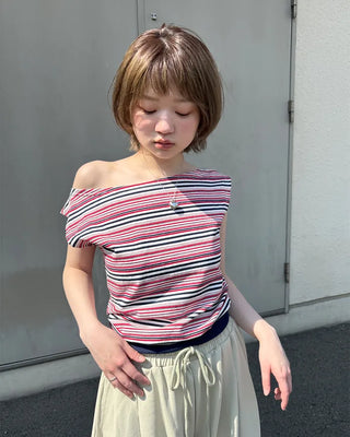 Striped sleeveless off-shoulder top