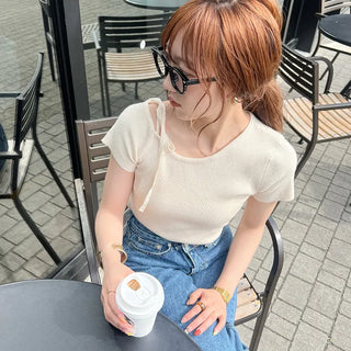 Asymmetrical Ribbon Short-Sleeve Knit