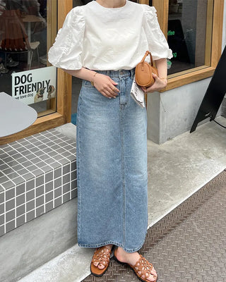H-line elastic waist long denim skirt