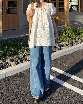 V-neck string punching blouse