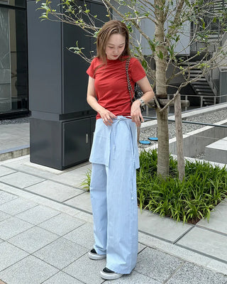 Striped layered wrap skirt set with banding pants