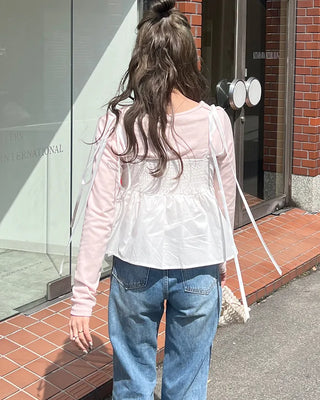 Half-open neck simple ribbed long-sleeve T-shirt