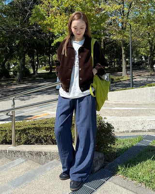 Suede stripe elastic waist pants