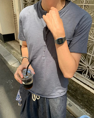 One-pocket slub henley neck short-sleeved T-shirt