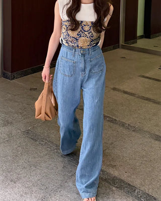 Front pocket elastic waist summer denim pants