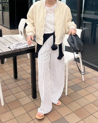 Striped string point wide-leg pants with elastic waistband