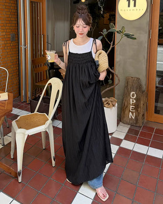 Ribbon Strap Shirred Gathered Dress