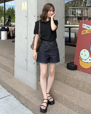 Stitch Low Short Denim Pants