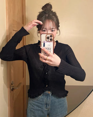 Frilled Crop Point Thermal Cardigan