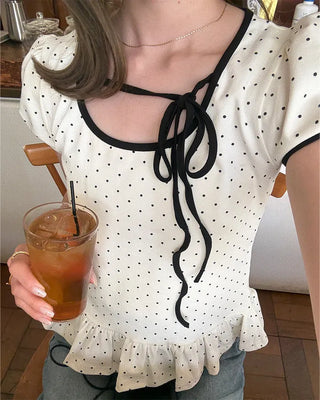 Dot neck string short-sleeved T-shirt