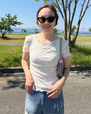 Flower Sheer Scallop Short Sleeve T-Shirt