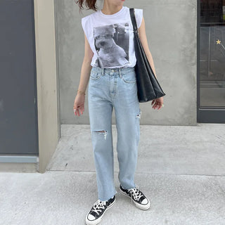 Distressed denim pants