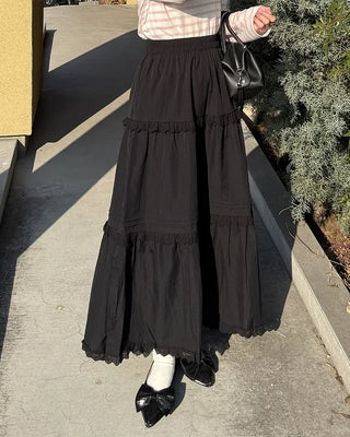 Lace tiered flared long skirt