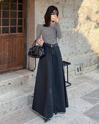 Flared long denim skirt