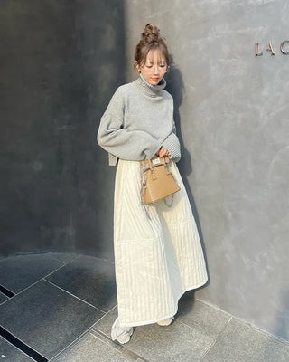 Elastic waist flared long skirt