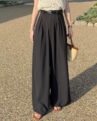 Wide pintuck belted slacks