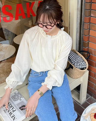Frill neck ribbon strap blouse