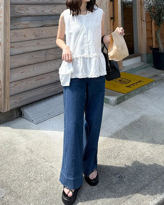 Pocket Two-Button Wide Denim Pants