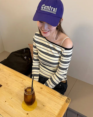 Half-off-shoulder striped T-shirt