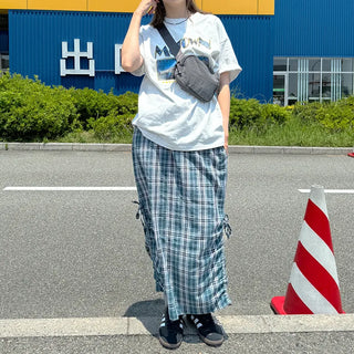 Checked ribbon strap long skirt